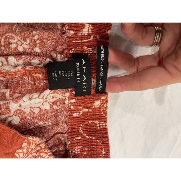 TAHARI 100% Linen Wide Leg Pants Burnt Orange Damask Boho Coastal Grandma L - Picture 9 of 9